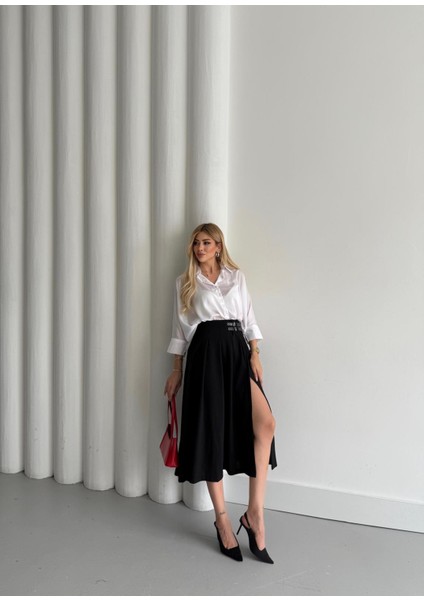 Buketli Kadın Beli Kemerli Derin Yırtmaçlı Pliseli Krep Ara Boy Etek modelleri