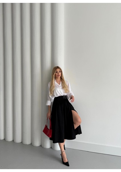 Buketli Kadın Beli Kemerli Derin Yırtmaçlı Pliseli Krep Ara Boy Etek fırsatları