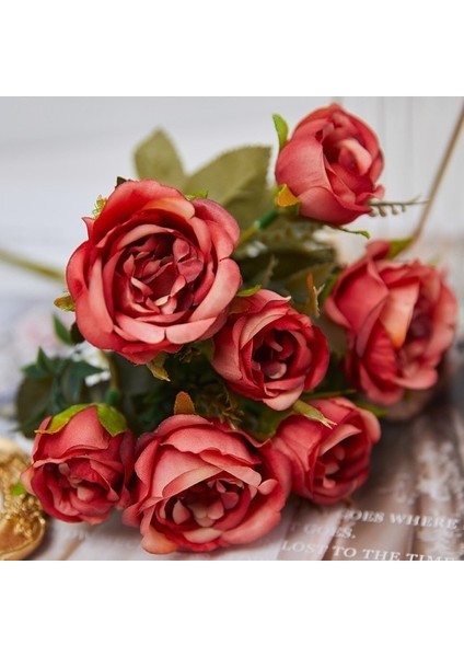 Vintage Rose-2 Vintage 8 Kafaları Yapay Çiçekler Ipek Şakayık Yeşil Gül Süslemeleri Için Sahte Çiçek Düğün Masası Odası Parti Dıy Buket Dekor (Yurt Dışından)