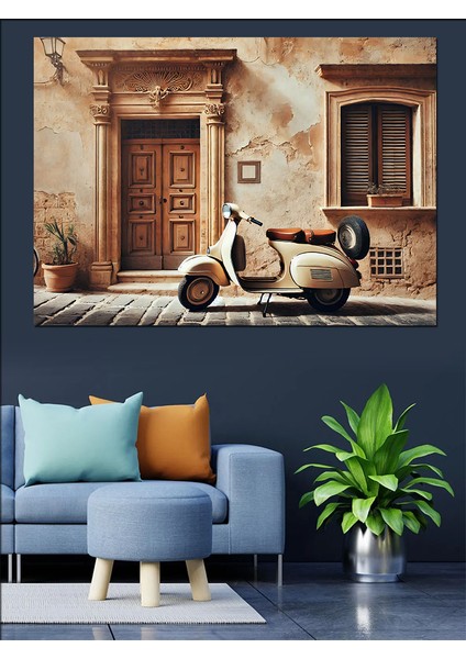 Vintage Scooter Sokak Dekoratif Kanvas - Mdf Ahşap Tablo
