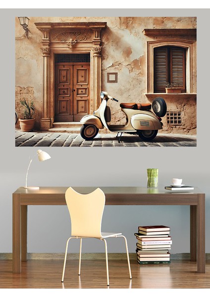 Vintage Scooter Sokak Dekoratif Kanvas - Mdf Ahşap Tablo