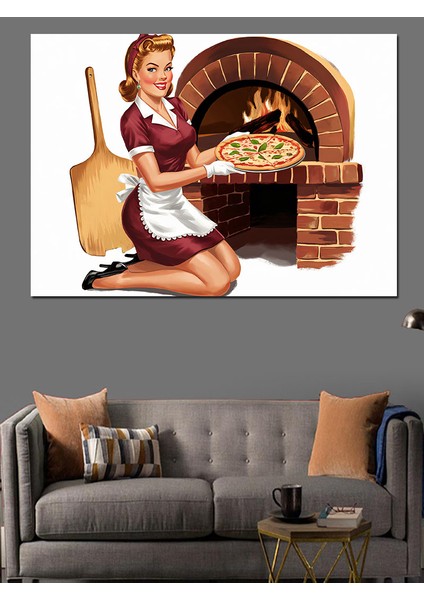 Pizza Fırın Kadın Dekoratif Kanvas - Mdf Ahşap Tablo