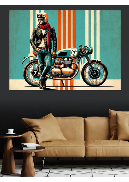 Motosikletli Retro Adam Dekoratif Kanvas - Mdf Ahşap Tablo