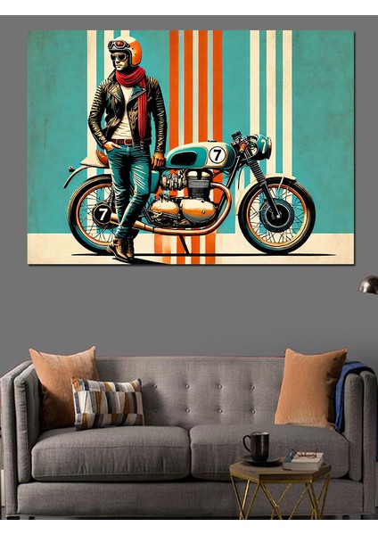 Motosikletli Retro Adam Dekoratif Kanvas - Mdf Ahşap Tablo
