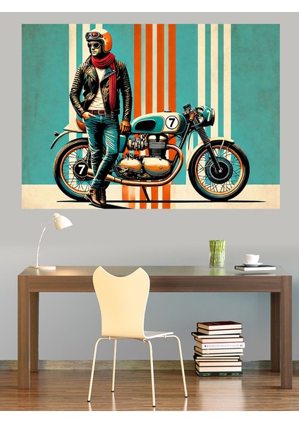 Motosikletli Retro Adam Dekoratif Kanvas - Mdf Ahşap Tablo