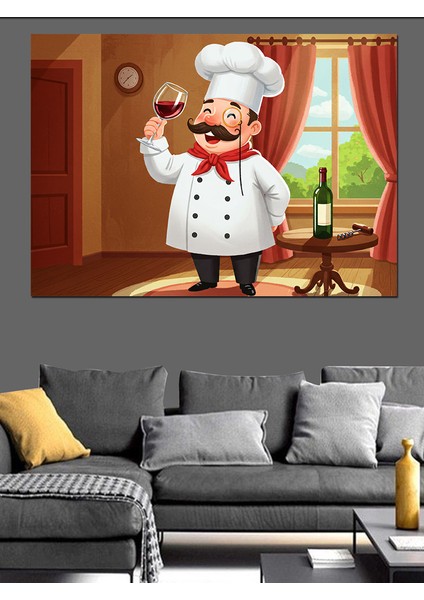 Şarap Şefi Çizimi Dekoratif Kanvas - Mdf Ahşap Tablo
