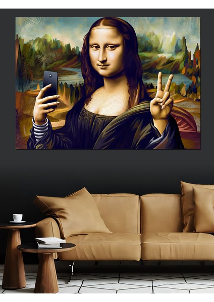 Mona Lisa Selfie Çekiyor Dekoratif Kanvas - Mdf Ahşap Tablo fırsatları