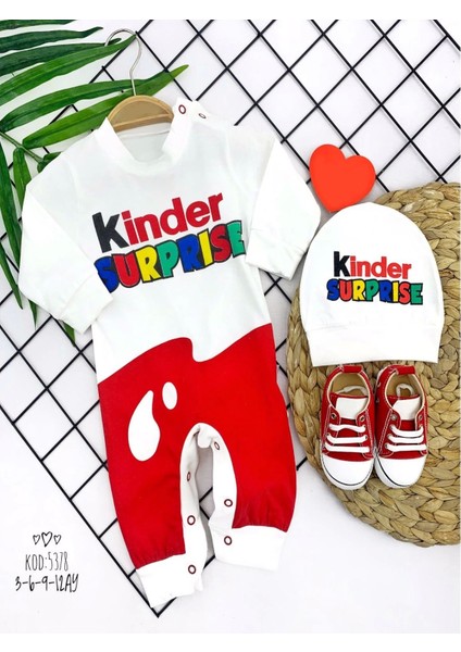 Miraylife 3-6-9-12 Ay Kinder Surprise Baskılı Çıtçıt Kapamalı Şapkalı 2li Kız Erkek Bebek Tulumu