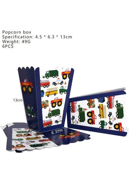 Patlamış Mısır Kutusu 6 Adet Inşaat Kamyonları Mühendislik Arabaları Parti Tek Kullanımlık Sofra Seti Plaka Hasır Şapka Doğum Günü Partisi Süslemeleri Çocuklar Kek Dekor (Yurt Dışından)