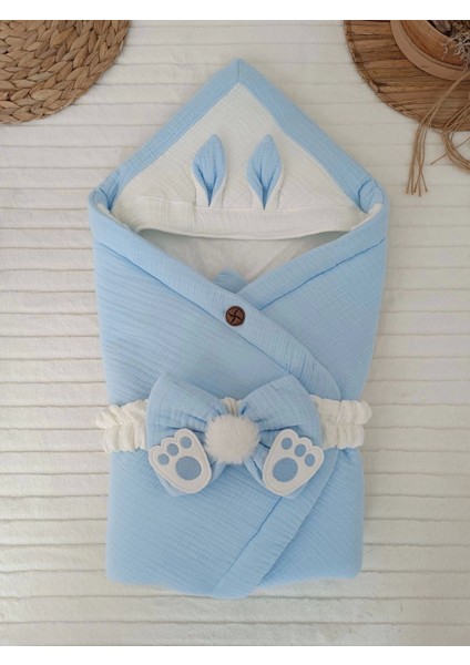 Yenidoğan 4 Kat Müslin Kumaş Kulaklı Patili Fiyonk Bebek Battaniyesi Kundak