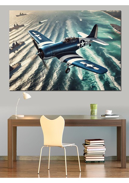 Deniz Üzerinde Savaş Uçağı Dekoratif Kanvas - Mdf Ahşap Tablo