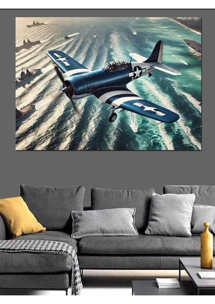 Deniz Üzerinde Savaş Uçağı Dekoratif Kanvas - Mdf Ahşap Tablo fiyatları
