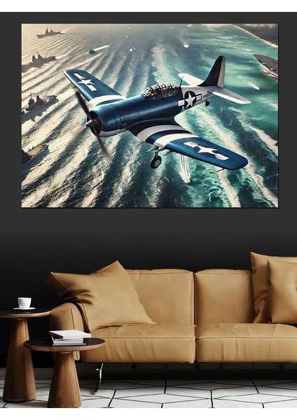 Deniz Üzerinde Savaş Uçağı Dekoratif Kanvas - Mdf Ahşap Tablo modelleri