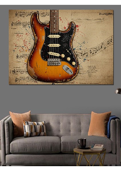 Retro Elektro Gitar Dekoratif Kanvas - Mdf Ahşap Tablo