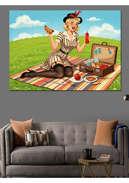 Piknik Sepeti ve Çizgi Karakter Dekoratif Kanvas - Mdf Ahşap Tablo