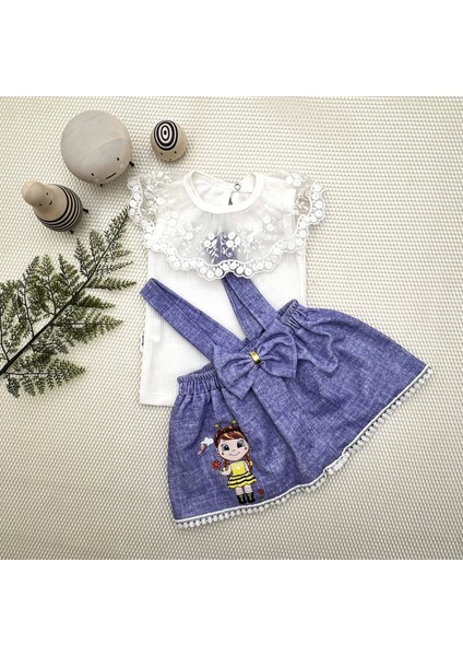 Miraylife 1-2-3 Yaş Bayan Arı Nakışlı Kot Desenli Etek Pamuklu Kumaş 2li Kız Bebek Salopet Takımı