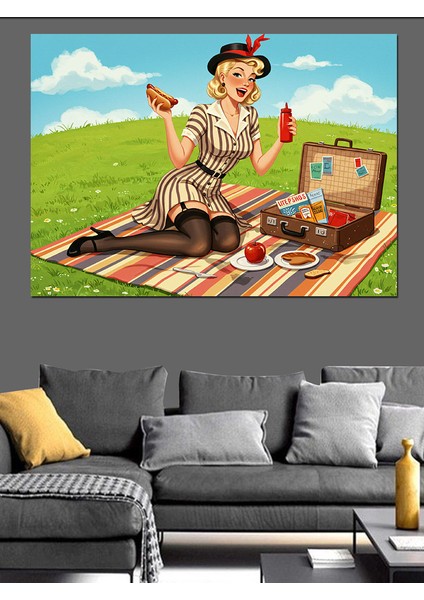 Piknik Sepeti ve Çizgi Karakter Dekoratif Kanvas - Mdf Ahşap Tablo