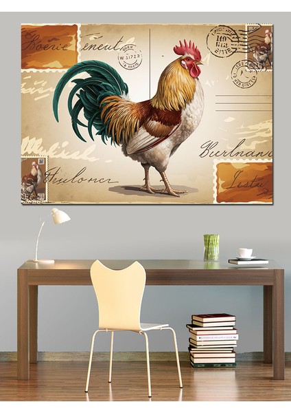 Horoz ve Vintage Yazı Dekoratif Kanvas - Mdf Ahşap Tablo
