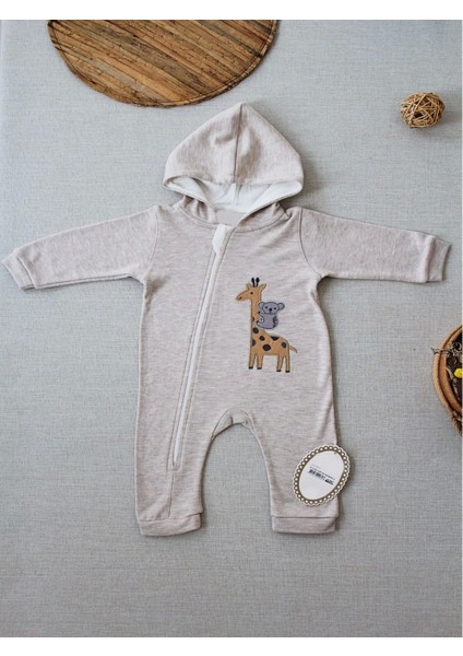 Miraylife 6-9 9-12 Ay Ef Çizgi Boy Fermuarlı Zürafa Nakışlı Kapşonlu Kız Erkek Bebek Tulumu