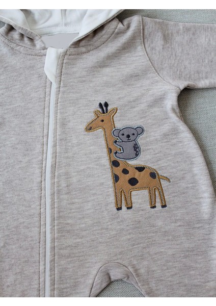 Miraylife 6-9 9-12 Ay Ef Çizgi Boy Fermuarlı Zürafa Nakışlı Kapşonlu Kız Erkek Bebek Tulumu modelleri