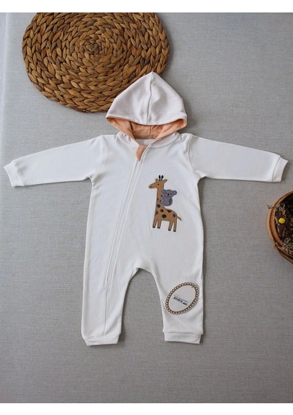 Miraylife 6-9 9-12 Ay Ef Çizgi Boy Fermuarlı Zürafa Nakışlı Kapşonlu Kız Erkek Bebek Tulumu