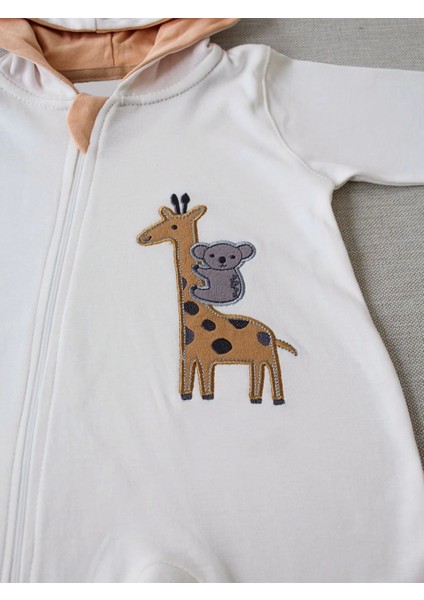 Miraylife 6-9 9-12 Ay Ef Çizgi Boy Fermuarlı Zürafa Nakışlı Kapşonlu Kız Erkek Bebek Tulumu modelleri