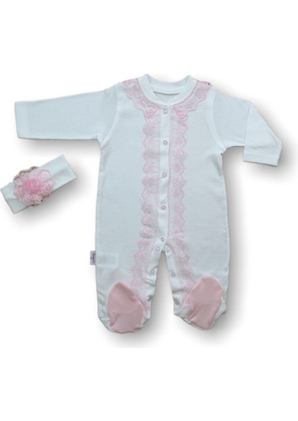 Miraylife 3-6 6-9 Ay Dantelli Boydan Çıtçıtlı Bandanalı Patikli Uzun Kollu Kız Bebek Tulumu