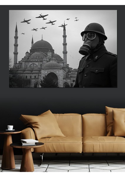 Camii ve Uçak Silueti Dekoratif Kanvas - Mdf Ahşap Tablo