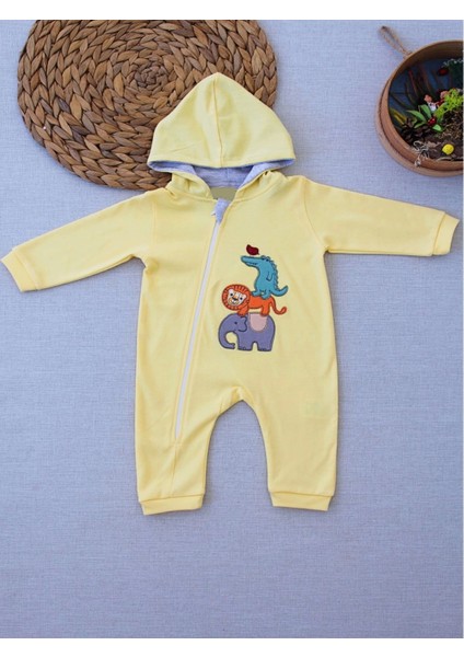 Miraylife 6-9 9-12 Ay Ef Çizgi Boy Fermuarlı Hayvanlar Alemi Nakışlı Kapşonlu Kız Erkek Bebek Tulumu