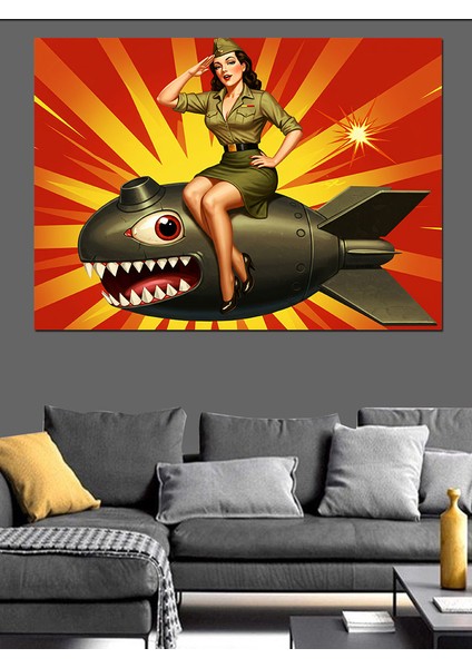 Pin-Up Kız ve Bomba Dekoratif Kanvas - Mdf Ahşap Tablo