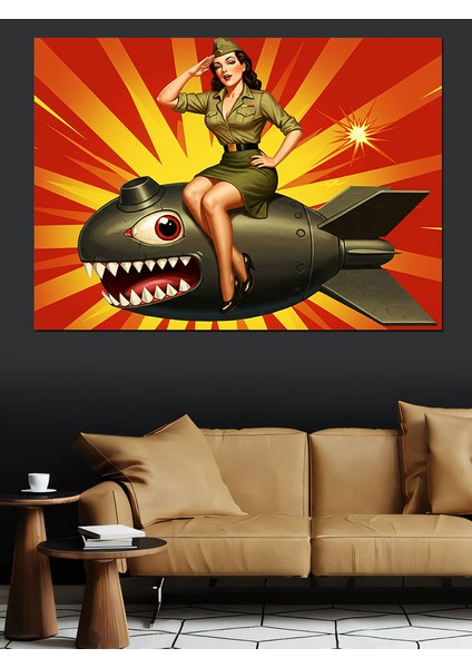 Pin-Up Kız ve Bomba Dekoratif Kanvas - Mdf Ahşap Tablo