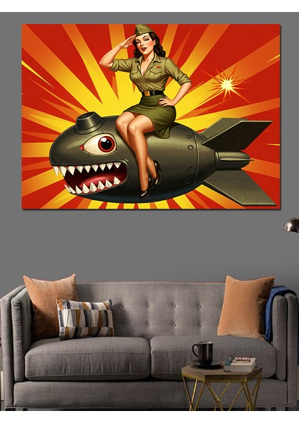 Pin-Up Kız ve Bomba Dekoratif Kanvas - Mdf Ahşap Tablo