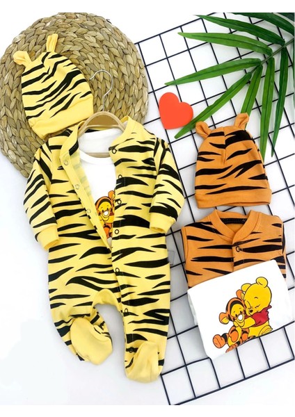 Miraylife 3-6-9-12 Ay Pooh Desenli Zebra Çizgili Şapkalı Sweatli 3lü Kız Erkek Bebek Tulumu(Sarı)