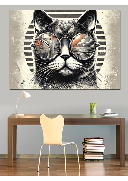 Gözlüklü Kedi Çizimi Dekoratif Kanvas - Mdf Ahşap Tablo