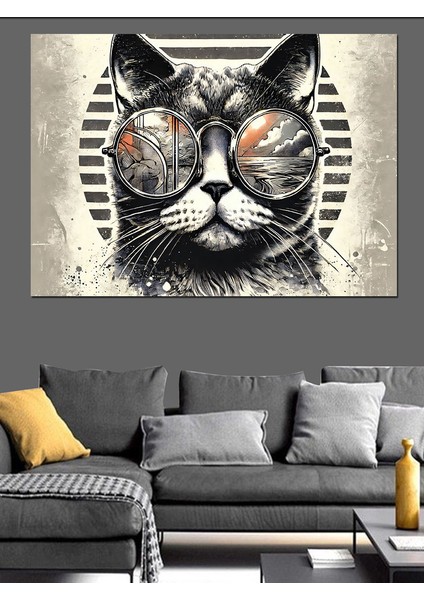 Gözlüklü Kedi Çizimi Dekoratif Kanvas - Mdf Ahşap Tablo fiyatları