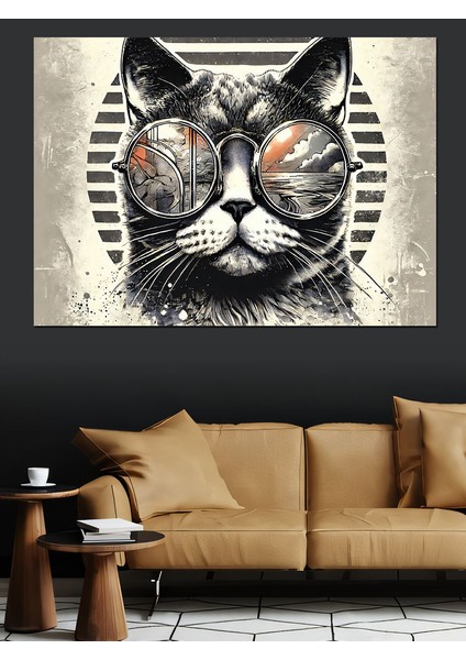 Gözlüklü Kedi Çizimi Dekoratif Kanvas - Mdf Ahşap Tablo modelleri
