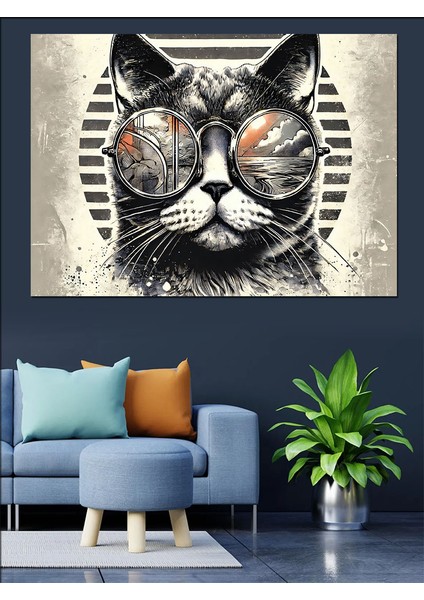 Gözlüklü Kedi Çizimi Dekoratif Kanvas - Mdf Ahşap Tablo fırsatları