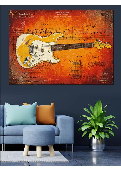 Eskitme Elektrik Gitar Çizimi Dekoratif Kanvas - Mdf Ahşap Tablo