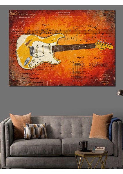 Eskitme Elektrik Gitar Çizimi Dekoratif Kanvas - Mdf Ahşap Tablo