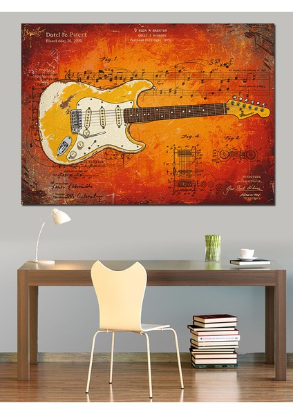 Eskitme Elektrik Gitar Çizimi Dekoratif Kanvas - Mdf Ahşap Tablo
