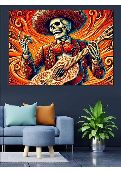 Iskelet Mariachi Gitarist Dekoratif Kanvas - Mdf Ahşap Tablo