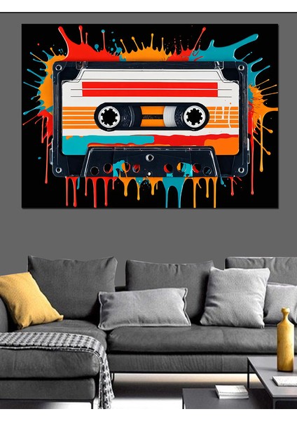Neon Kaset ve Müzik Dekoratif Kanvas - Mdf Ahşap Tablo
