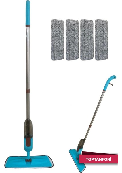 Sprey Mop Deterjan Hazneli - 4 Yedek Moplu, 360° Dönebilen, Mikrofiber Spreyli Temizlik Paspası