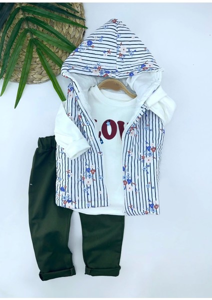 Miraylife 3-4-5-6 Yaş Kapşonlu Fermuarlı Çiçekli Şişme Yelek Sweat Pantolonlu 3lü Kız Erkek Çocuk Takımı
