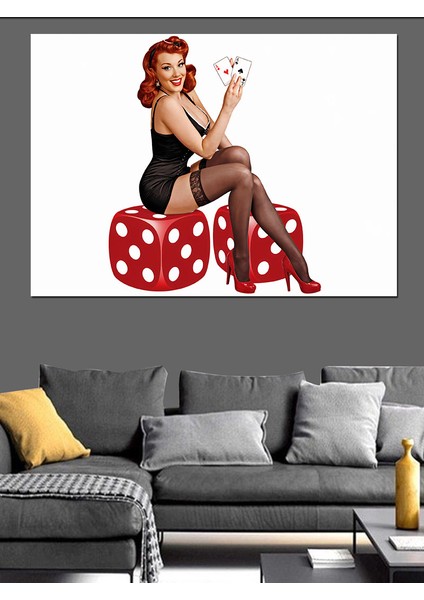 Kırmızı Zar Üzerinde Oturan Pin-Up Kız Dekoratif Kanvas - Mdf Ahşap Tablo