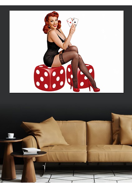 Kırmızı Zar Üzerinde Oturan Pin-Up Kız Dekoratif Kanvas - Mdf Ahşap Tablo fiyatları