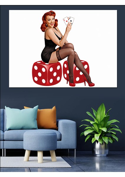 Kırmızı Zar Üzerinde Oturan Pin-Up Kız Dekoratif Kanvas - Mdf Ahşap Tablo modelleri