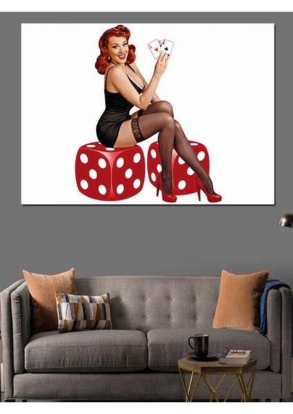 Kırmızı Zar Üzerinde Oturan Pin-Up Kız Dekoratif Kanvas - Mdf Ahşap Tablo fırsatları