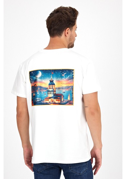 Erkek Yapay Zeka Tasarım Sırt Aplike Özel Baskılı %100 Pamuklu Penye Regular Fit T-Shirt (Kızkulesi)