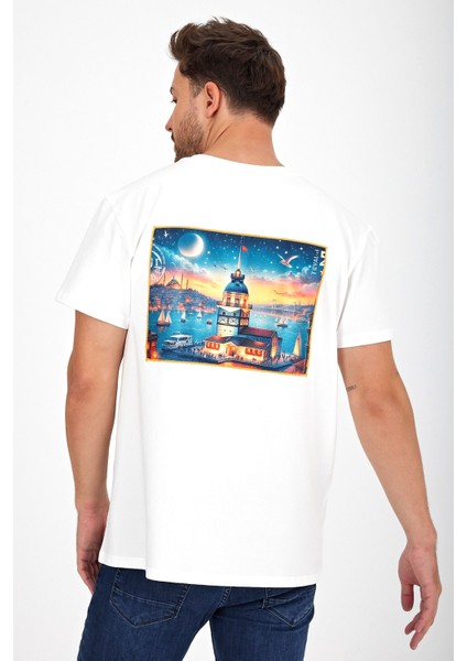 Erkek Yapay Zeka Tasarım Sırt Aplike Özel Baskılı %100 Pamuklu Penye Regular Fit T-Shirt (Kızkulesi) fırsatları